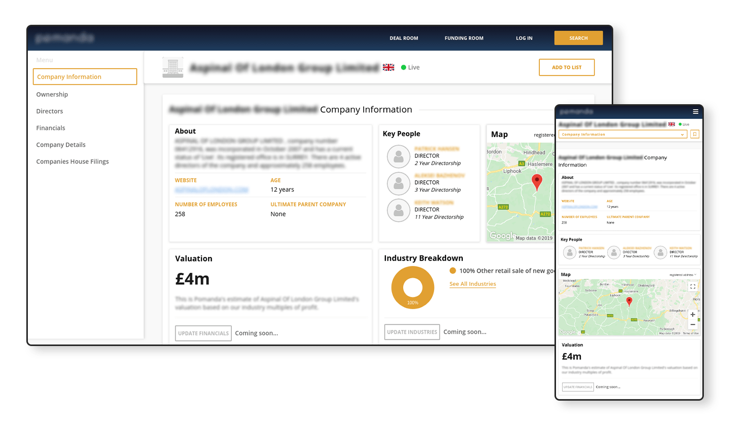 Company intelligence portal on desktop and mobile