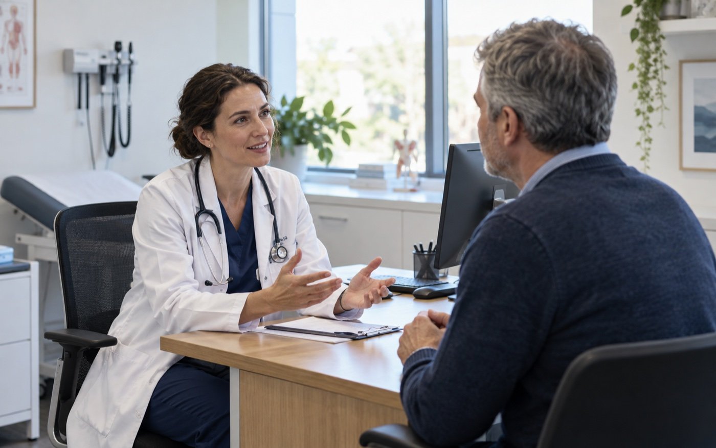 Doctor speaking with a patient in a modern clinic consultation room